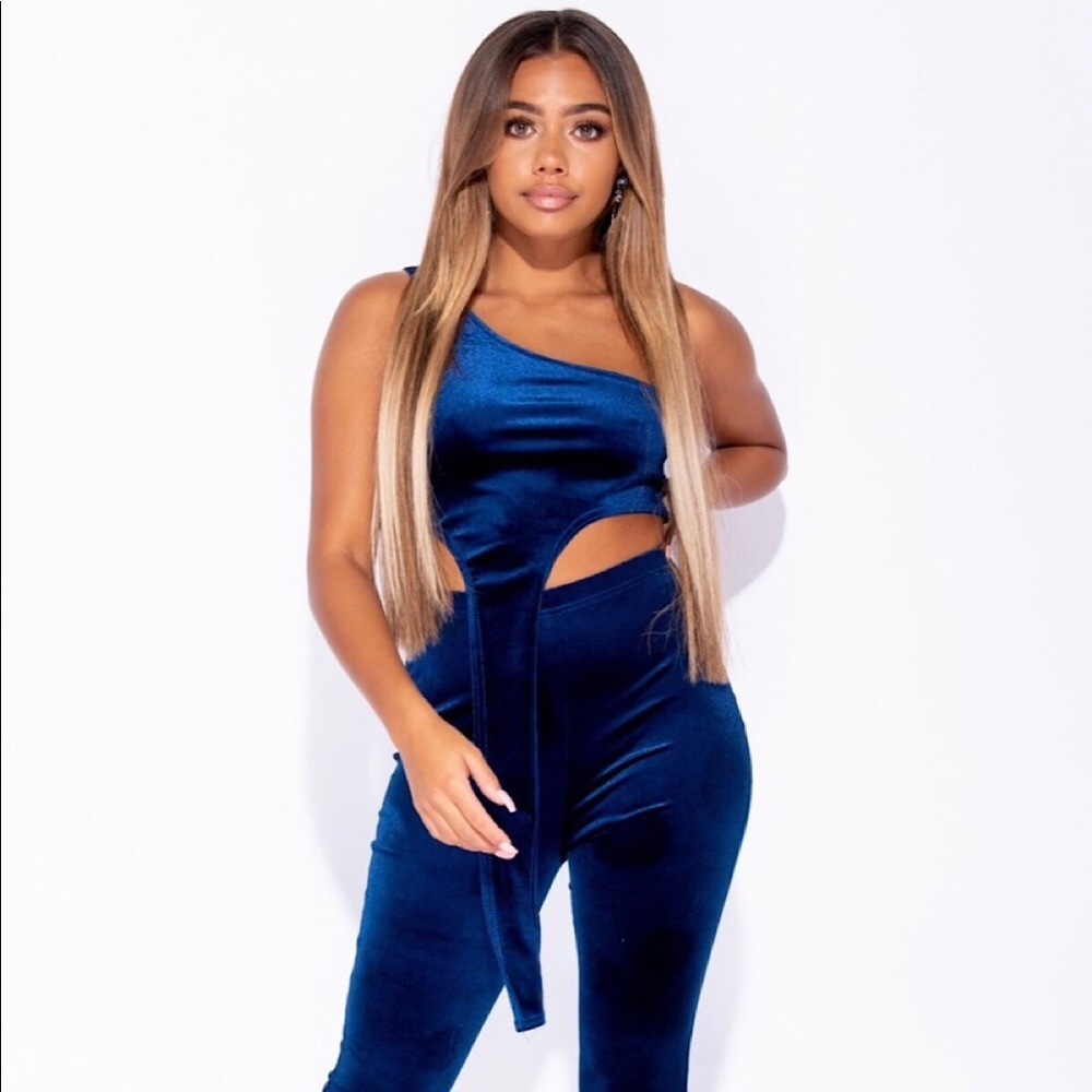 Blue Kim K Inspired Velvet Capri Crop Pants Set